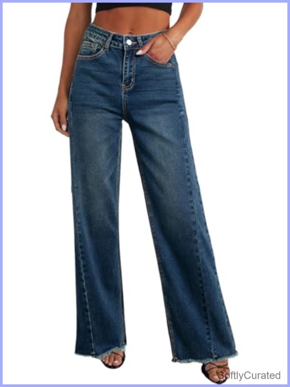 Wide Leg High Rise Jeans Raw Hem Stretch Denim Pants